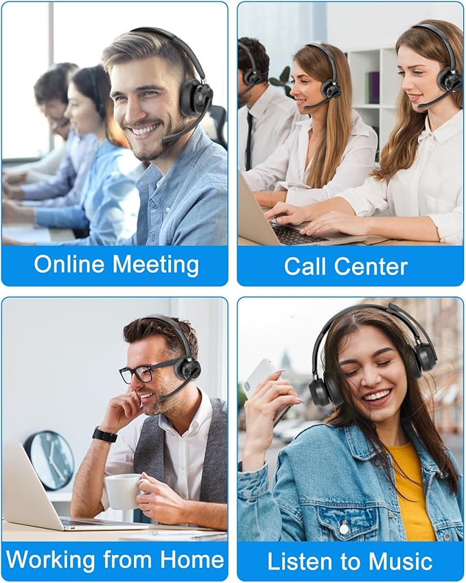 Blue Air Wireless Headphones with Microphone, Bluetooth Headset with Noise Cancelling Mic & USB Dongle & Mic Mute, 40H Playtime, Powerful Sound, for Work Meetings Calls Computer Laptop PC Phone