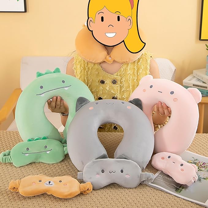 Kids Neck Pillow for Travel with Sleep Eye Mask, Cute Travel Neck Pillow, Memory Foam Flight Sleeping Headrest Pillow for Boys & Girls, Airplane, Train, Car, Home Use - Grey Cat