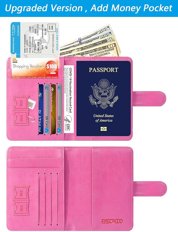 Passport Holder Cover Wallet RFID Blocking Leather Card Case Travel Accessories for Women Men (Pink)