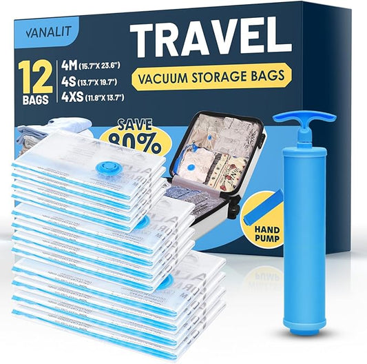 Travel Vacuum Storage Bags with Hand Pump, 12 Pack (4M+4S+4XS) Vacuum Seal Bag Travel Essentials Space Saving Bags for Clothes, Luggage, Carry-on Suitcase, Backpack, Holiday Business Trip