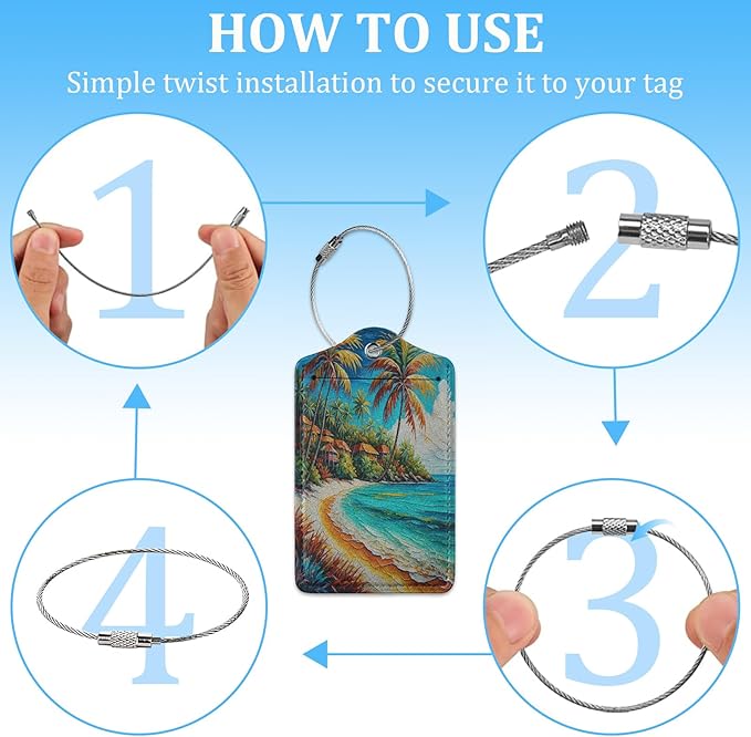 2 Pack Luggage Tag for Suitcase,Summer Beach Palm Tree Luggage Tag with PU Leather Privacy Cover ID Label & Stainless Steel Loop for Women Men Travel Bag Suitcase