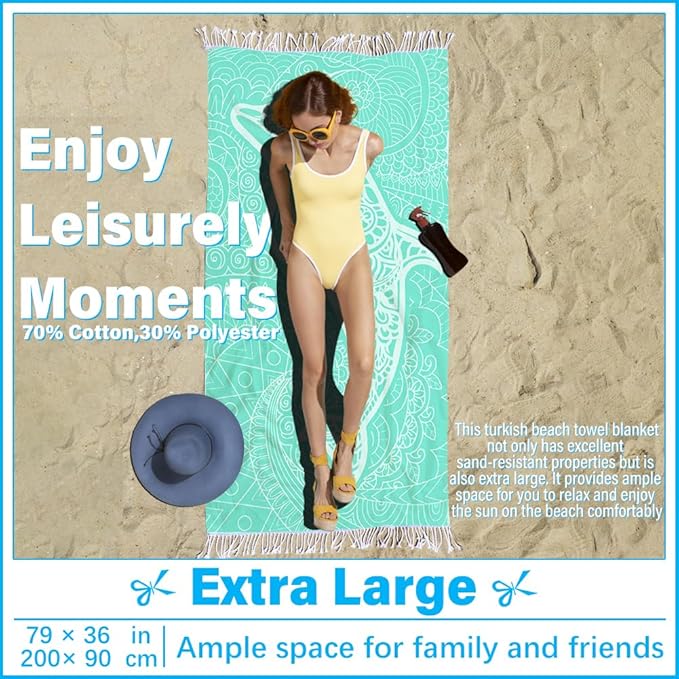Thin Turkish Beach Towel Lightweight Soft Cotton Extra Large XL Oversized Sand Free Sandproof Absorbent Quick Dry Towels Cloud Bath Pool Travel Compact Essentials Accessories for Adult Gifts