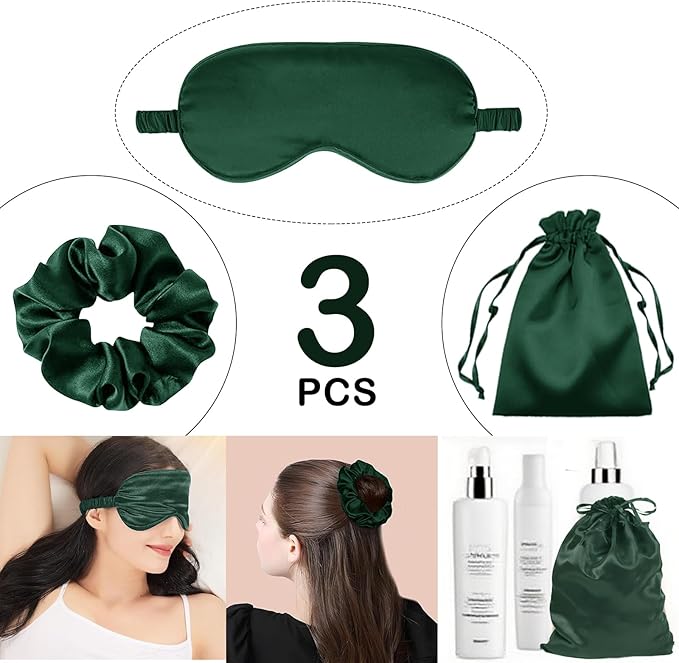 3Pcs Satin Eye Mask Silk Sleep Masks Set Silky Blindfold Eyeshade Blackout Eyes Cover Pouches Bag Scrunchy Wedding Gift