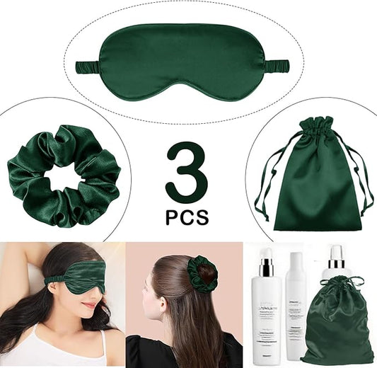 3Pcs Satin Eye Mask Silk Sleep Masks Set Silky Blindfold Eyeshade Blackout Eyes Cover Pouches Bag Scrunchy Wedding Gift