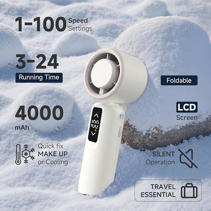 Guirngou Portable Handheld Turbo Fan, 1-100 Gear Wind, Battery Operated, Up to 23 Working Hours, 3 IN 1 Personal Fan with Air Turbo Tech, Cooling Essentials for Indoor/Outdoor(White)