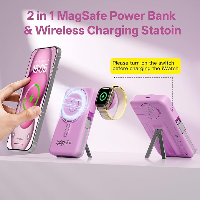 Magnetic Portable Charger Built-in Cables,10000mAh Fast Charging Wireless Charger Station External Battery Pack Slim Pocket Size Power Bank with Stand Compatible with iWatch, iPhone and Android Phones
