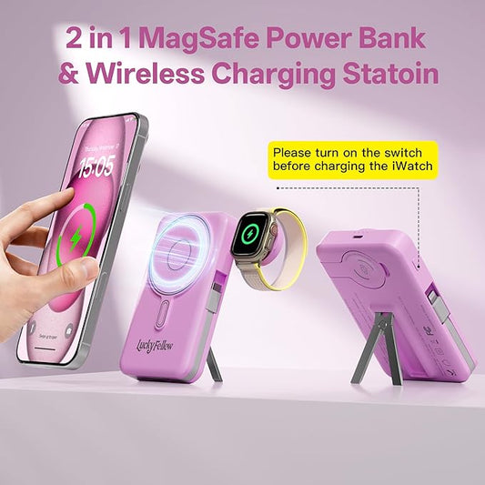 Magnetic Portable Charger Built-in Cables,10000mAh Fast Charging Wireless Charger Station External Battery Pack Slim Pocket Size Power Bank with Stand Compatible with iWatch, iPhone and Android Phones