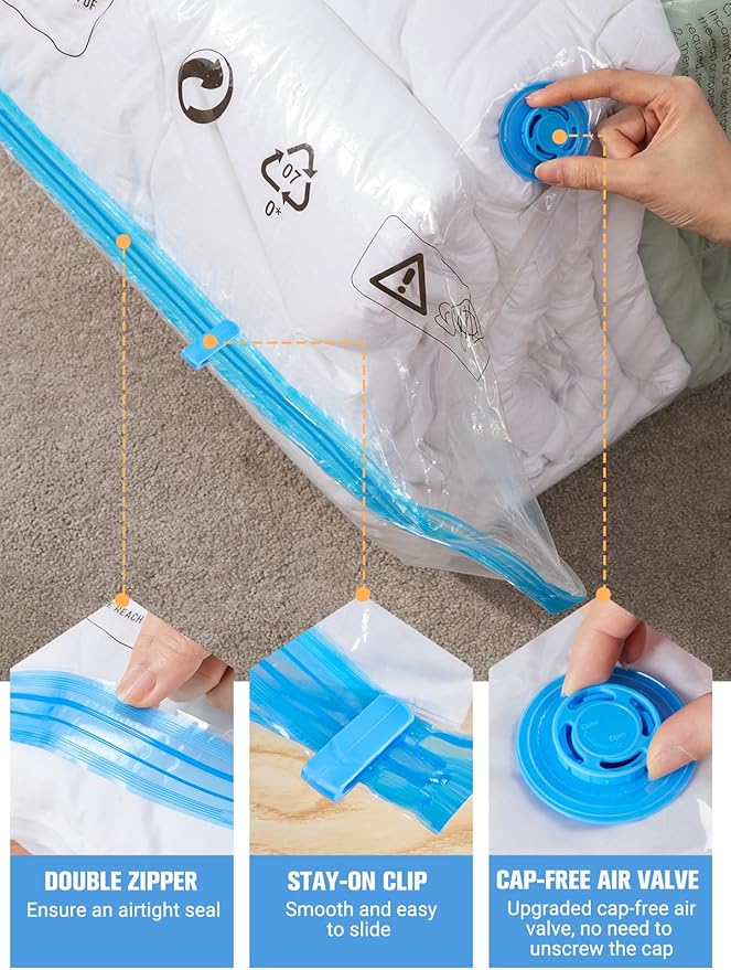 Vacuum Storage Bags with Electric Pump, New Air Valve Combo 32 Pack Vacuum Space Saver Bag, Vacuum Sealer Bags for Clothes, Clothing, Pillows, Comforters, Blankets, Quilt, Travel, Two Compressing Ways