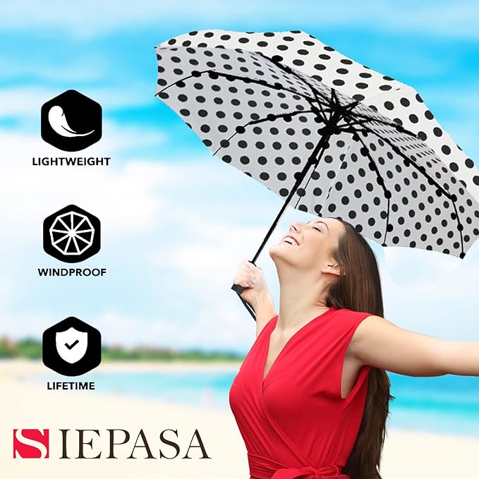 SIEPASA Windproof Travel Compact Umbrella-Automatic Umbrellas for Rain- Small Portable Windproof Umbrellas for Men Women Teenage. (White Polka Dots)