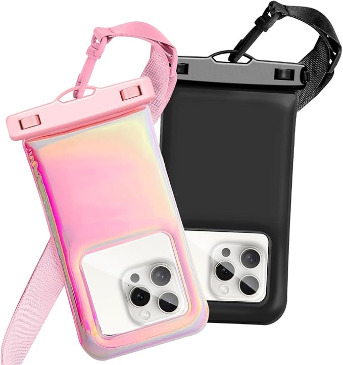 Floatable Waterproof Phone Pouch Case 2 Pax for iPhone 17 16 Pro Max/15/14/13/12, IP68 Travel Cellphone Dry Bag Beach Cruise Ship Essentials Bags with Crossbody Lanyard,Pink and Black-7″