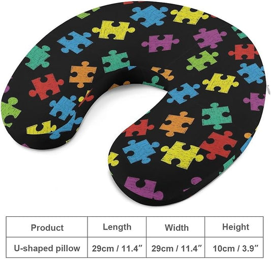 Breathable U-Shaped Neck Pillow Memory Foam Travel, Colorful Autism Awareness Pattern U-Shape, Machine Washable Support Home Office