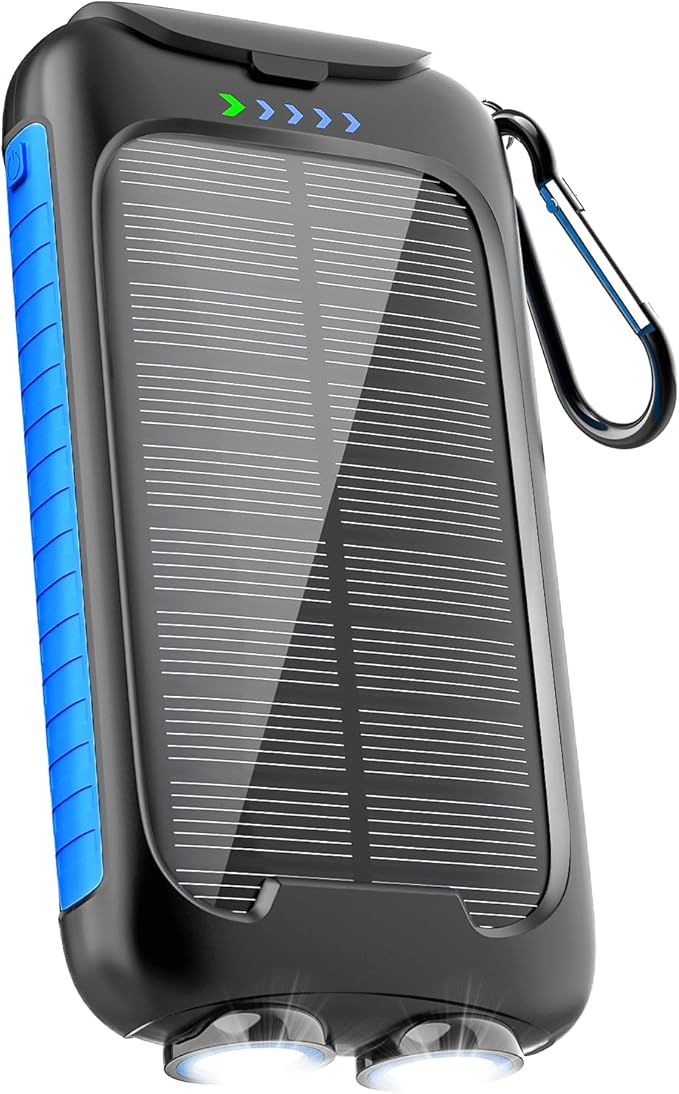 Portable Charger, 20000mAh Solar Power Bank 5V/2.4A Fast Charging with Type-C and Dual USB-A Ports Compatible with iPhone, Samsung, IPX5 Waterproof, Bright Flashlight for Camping, Hiking, Outdoor