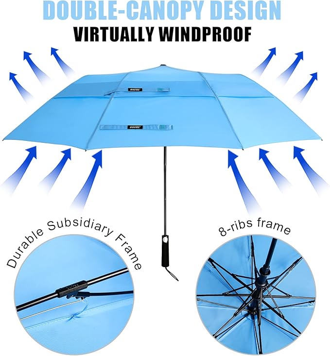 G4Free 62inch Portable Golf Umbrella Automatic Open Large Oversize Vented Double Canopy Windproof Waterproof Sport Umbrellas(Sky Blue)