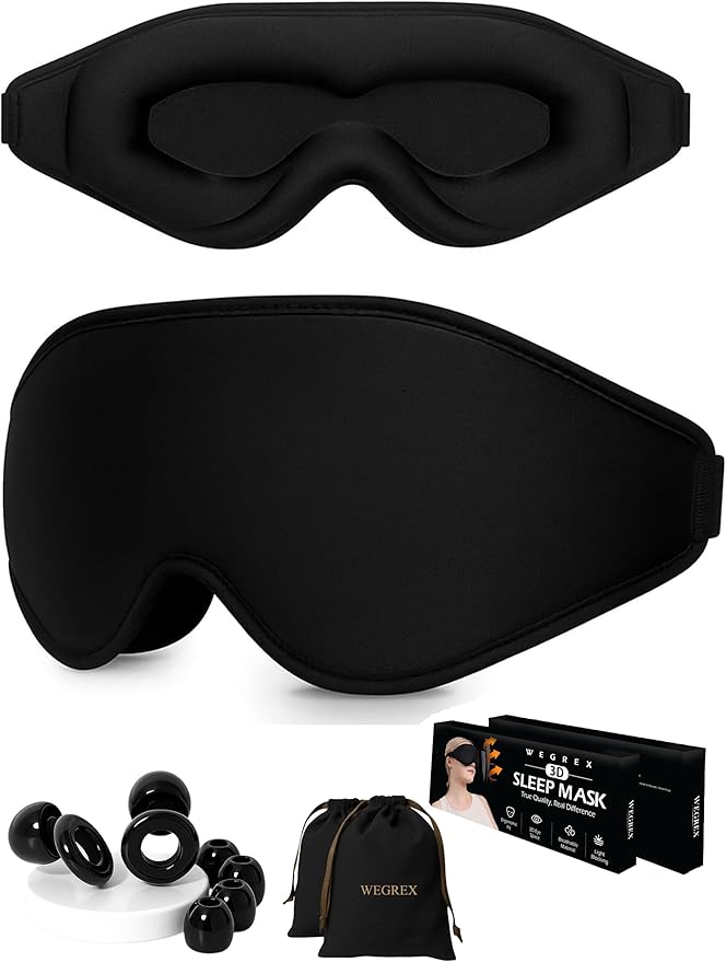 Sleep Mask, 3D Sleeping Mask, Zero Eye Pressure, 100% Light Blocking Eye Mask, Soft Comfortable for Travel & Side Sleepers, WEGREX Sleep Mask (Black)