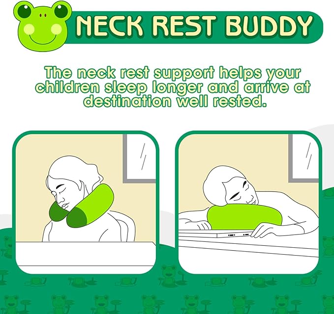 H HOMEWINS Travel Pillow for Kids,Cute Animal Neck Pillow for Boys Girls,Soft Neck Head Chin Support Pillow,Travel Accessories for Airplane, Car, Train,Recline(Frog)