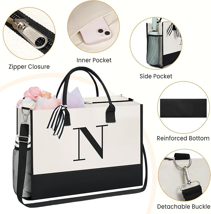 BAGAIL Initial Tote Bag, Personalized Birthday Gifts for Women, Teacher, Friends, Mom, Wedding, Monogrammed Beach Bag