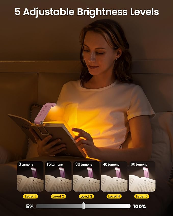 Glocusent 12 LED Rechargeable Book Light, Clip-on Reading Lamp with 5 Colors & 5 Brightness Levels, Up to 100Hrs Runtime, Eye-Caring Reading Lights for Books in Bed, Perfect for Book Lovers, Kids