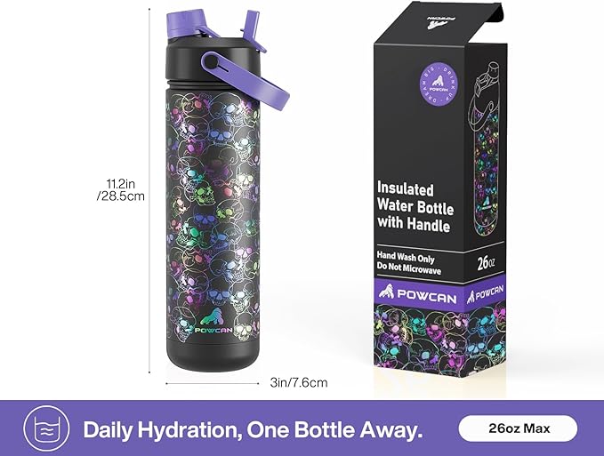 26 oz Insulated Water Bottle with 2-in-1 Straw and Spout Lid, Glow-in-the-Dark, 24H Cold, Leakproof, Fits in Car Cup Holder, Stainless Steel for Gift, Trip, Holiday, Sports (Luminous Souls)