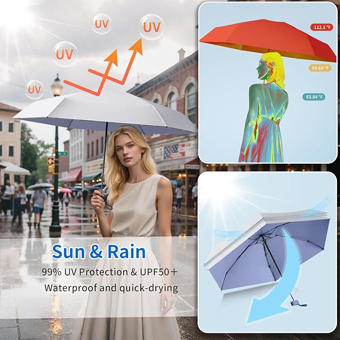 Compact Mini Windproof Travel Umbrella-UPF 50+ Sun & Rain Protection, Small Folding Design Fits in Pocket or Purse, Lightweight Portable with Case for Women, Men & Kids