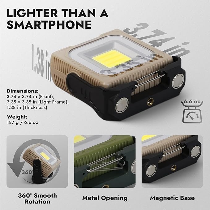 WARSUN 1000 Lumens Rechargeable Work Light – Portable LED Camping Lantern with Tripod Mount, Type-C Charging, Magnetic Base, Hanging Hook, Multi Lighting Modes,for Outdoor,Hiking,Camping