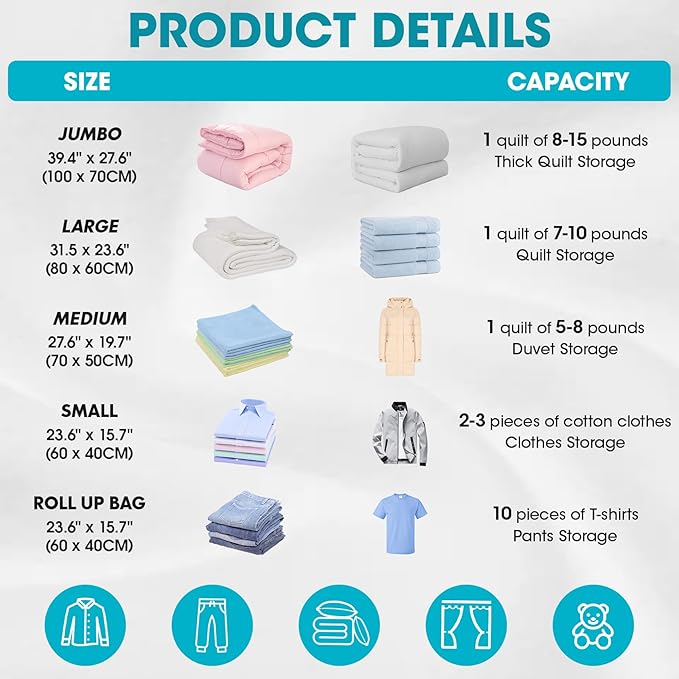 30 Pack Vacuum Storage Bags with Electric Pump, 6Jumbo/ 6Large/ 6Medium/ 6Small/ 6Roll Compression Space Saver Vacuum Seal Bags for Clothing Travel Luggage Comforters Blankets Pillows Bedding