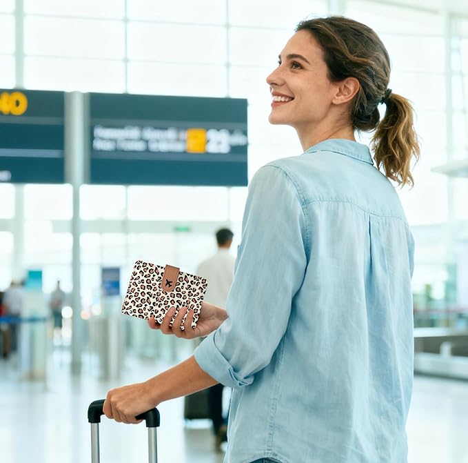 Passport Holder, Travel Wallet Cover with Pen Loop | Cute RFID Blocking Leather Case with Magnetic Closure for Travel Essentials-Leopard