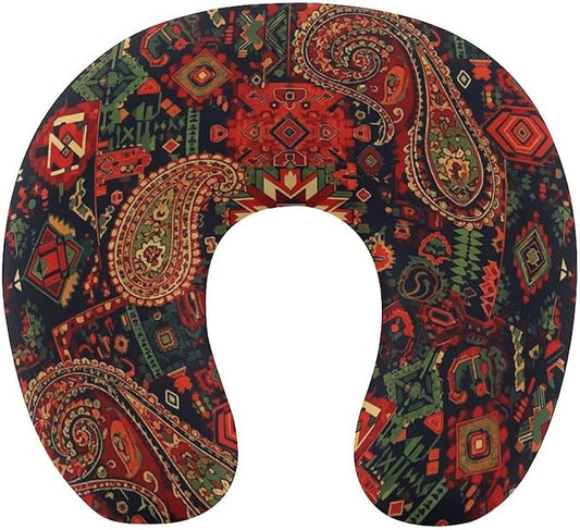Memory Foam Travel Pillow Chin Head Support Cushion Bandana Paisley and Native American Motifs Pattern, Washable Removable Cover for Airplane Car Outdoor Sleep