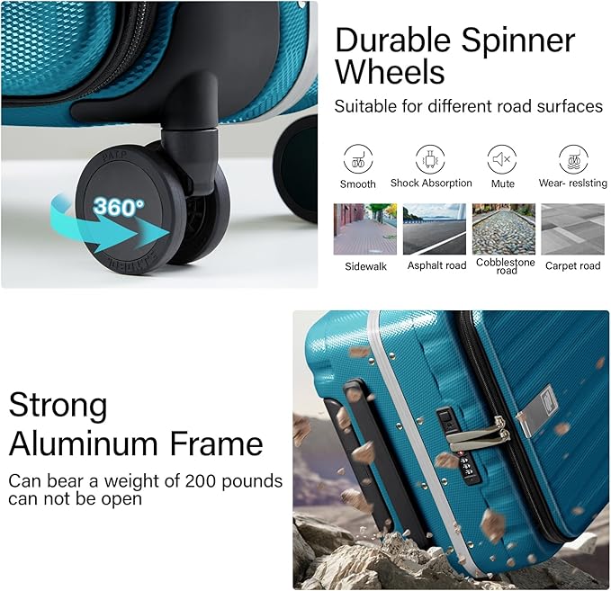 Hanke 20 Inch Carry On Luggage Hard Shell Top Opening Aluminum Frame Hardside Suitcase with Spinner Wheels, Durable Rolling Luggage for Men & Women Travel, Christmas & Birthday Gifts, Caribbean Blue