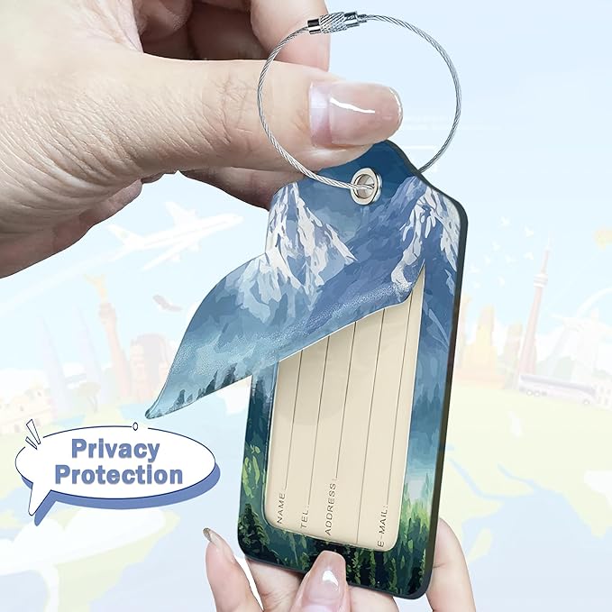 Luggage Tags for Suitcase,2 Pack Misty Forest Mountains Luggage Tag with Privacy Flap,Name ID Label and Metal Loop for Women Men Teens Travel