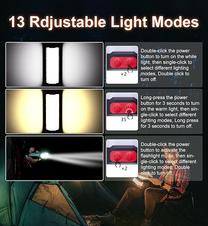 Solar Rechargeable Camping Lantern, Rechargeable Flashlights with 6000mAh Battery 13 Light Modes IP66 Waterproof Led Rechargeable Light for Outdoor Power Outage Emergency Hurricane