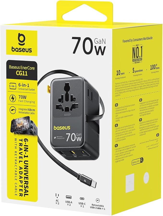Baseus 70W Universal Travel Adapter, 6-in-1 International Plug Adapter with Retractable Cable, USB-C PD Fast Charging Worldwide Wall Charger for USA/EU/UK/AUS and Over 200 Countries - Enercore CG11