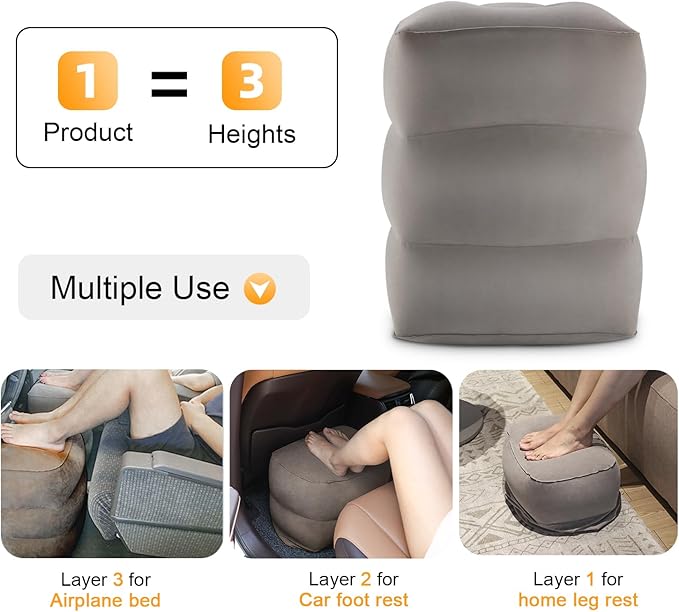 Inflatable Travel Foot Rest Pillow, Kids Airplane Bed, Adjustable Height Leg Pillow, Make a Flat Bed for Toddler, Fits for Airplane, Car（Grey, 2 Pack）