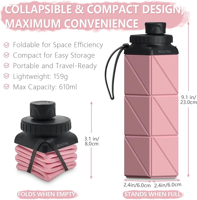Collapsible Water Bottles, Silicone Foldable Water Bottle 610ml, BPA-Free Portable Reusable Leakproof Bottle for Gym Travel Camping Hiking Sports Outdoor, 1 Pack (Pink)