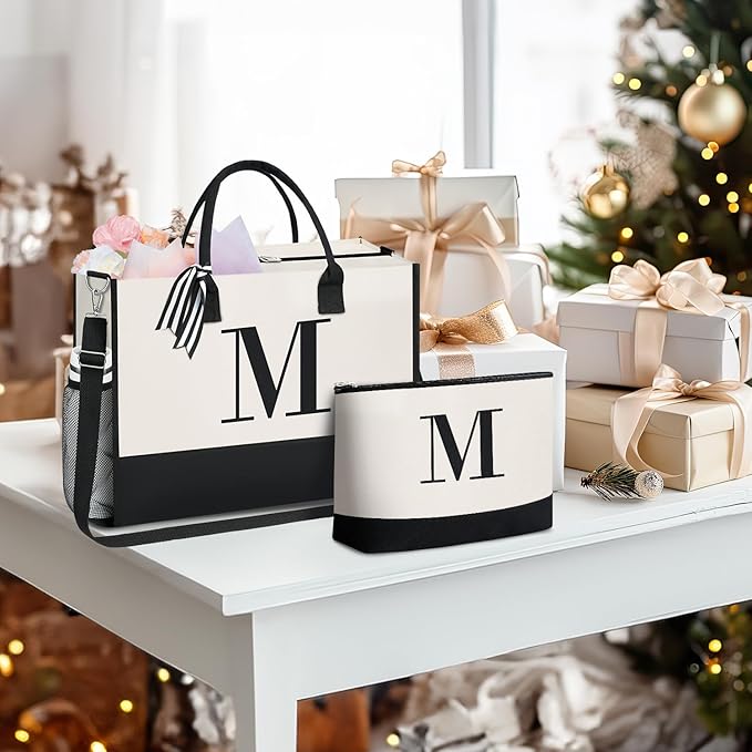 BAGAIL Initial Tote Bag, Personalized Birthday Gifts for Women, Teacher, Friends, Mom, Wedding, Monogrammed Beach Bag