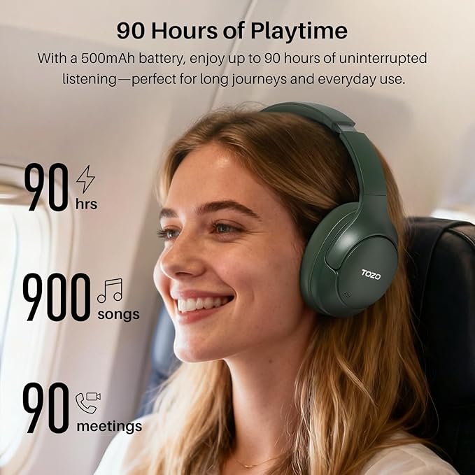 TOZO HT3 Hybrid Noise Cancelling Headphones, 90H Playtime Wireless Over Ear Bluetooth Headset, Spatial Audio AI Chat with 5 Mics, Supports Dual Connection and USB-C Input, with 32 EQ Music Modes