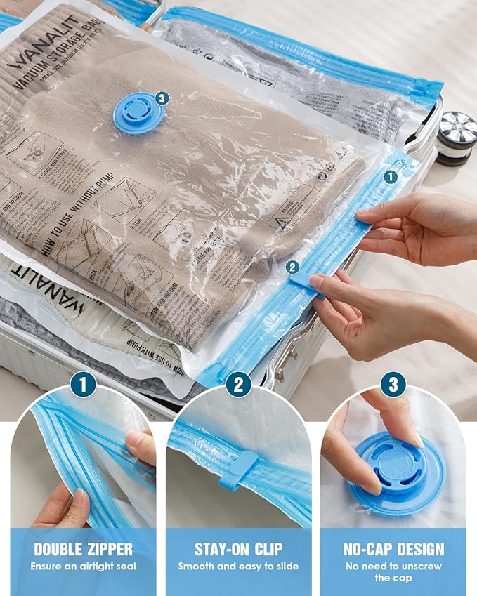 Travel Vacuum Storage Bags with Hand Pump, 12 Pack (4M+4S+4XS) Vacuum Seal Bag Travel Essentials Space Saving Bags for Clothes, Luggage, Carry-on Suitcase, Backpack, Holiday Business Trip