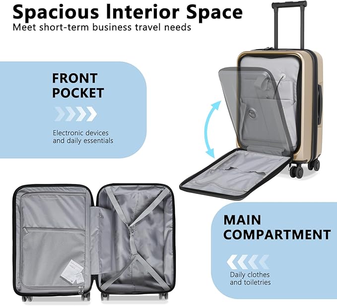 Carry On Luggage with Front Pocket & USB Port, PC Hardside 20 Inch luggage with Spinner Wheels & Built-in TSA Lock, Durable Lightweight Rolling Suitcase, Carry-On 20-Inch, Champagne