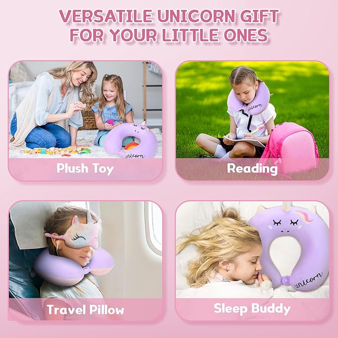 Kids Neck Pillow for Traveling, Unicorn Kids Travel Pillow with Eye Mask, Toddler Travel Essentials for Road Trip Airplane Flight Car Seat, Cute Cartoon Headrest Memory Foam Pillows Gift for Girl Boy