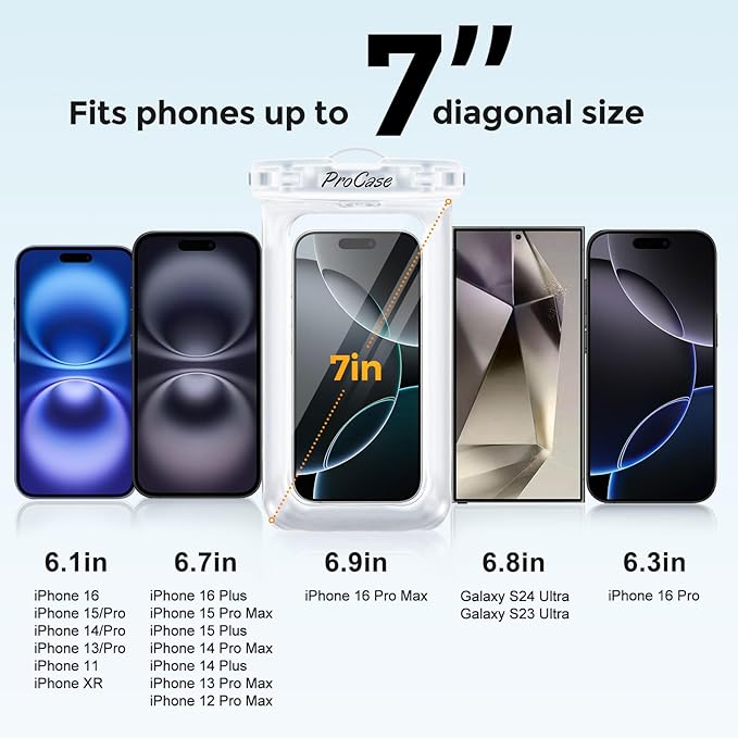 ProCase 2 Pack Floating Waterproof Phone Pouch Up to 7", IPX8 Floatable Underwater Phone Case Dry Bag for iPhone 17/Air 16 15 14 13 12 11 Pro Max Xs Max XR X 8 7 Plus SE/Galaxy S24 S23 S22 - Clear
