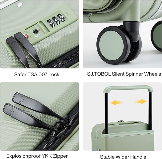 MILADA Wide Handle Luggage with Front Pocket Hardshell Aluminium Check In Suitcase with Wheels Medium 24 Inch Front Opening Checked Luggage with Spinner Wheels TSA Approved Luggage, Bamboo Green