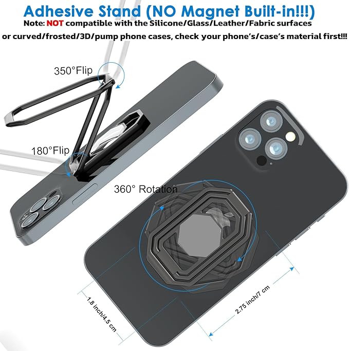 Phone Ring Holder Finger Kickstand, Upgraded 360° Rotation Metal Phone Grip for Magnetic Car Mount Foldable Cell Phone Stand Compatible with Most Smartphones