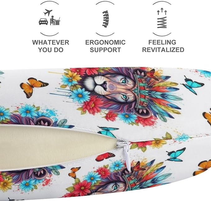 Pain Relief Travel Pillow Memory Foam Chin Support Colorful Lion Flowers Floral, Breathable Washable Cover for Airplane Car Office