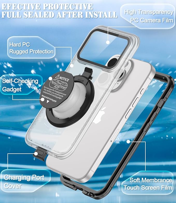 Waterproof Phone Case for iPhone 6.7‘’, Self-Check Function Underwater Pouch Dry Bag Beach Travel Essentials Tech Gadgets Floating Shower Snorkeling for iPhone 15/14/13/12/11 Pro Max Plus 6.7"