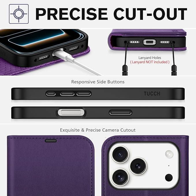 TUCCH Case Wallet for iPhone 17 Pro (6.3") 2025, Stand | RFID Blocking | 4 Card Holder | TPU Shockproof Inner Shell | PU Leather | Magnetic Closure Folio Protective Cover | Deep Purple