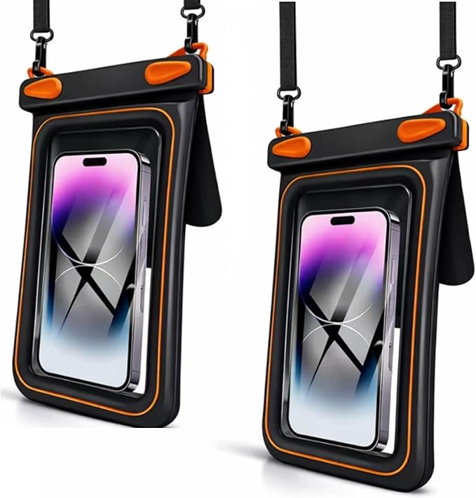 2 Pack Floating Phone Pouch with Dual Compartments, IPX8 Rated Waterproof Case for Rain, Beach, Boating & Kayaking, Clear Touch Screen, Fits Phones Up to 8.5”(Black-Black)
