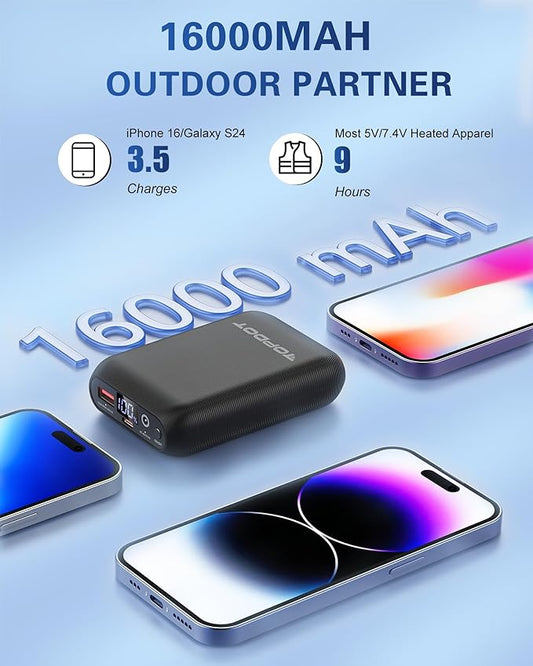 7.4V/5V 2A 16000mAh Heated Vest Battery Pack Compatible with ORORO and Venustas, NORSENN, Portable Power Bank with LED Display for 𝟓𝐕 USB heated Vests Jacket Camping Chair Blanket(NOT for 12V）