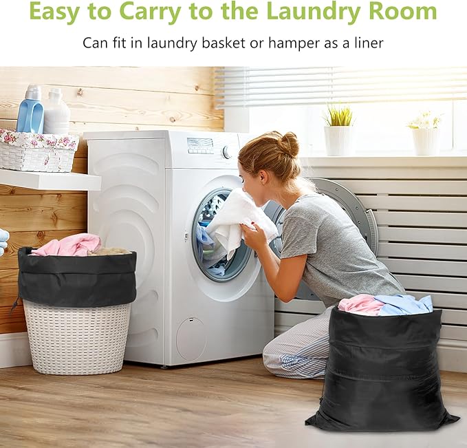 OTraki 20 x 24 inch Laundry Bag 2 Pack Travel Laundry Bags Medium Washable Dirty Clothes Bag Organizer with Drawstring Closure for Camp Home College Dorm Fit Laundry Hamper or Basket Black