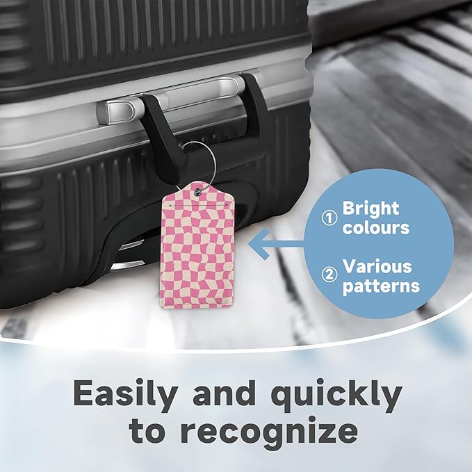 2 Pack Luggage Tag for Suitcase, Groovy Pink Checkerboard Leather Bag Tags Identifiers Privacy Cover ID Label with Durable Steel Loop for Women Men Kids Girls Travel