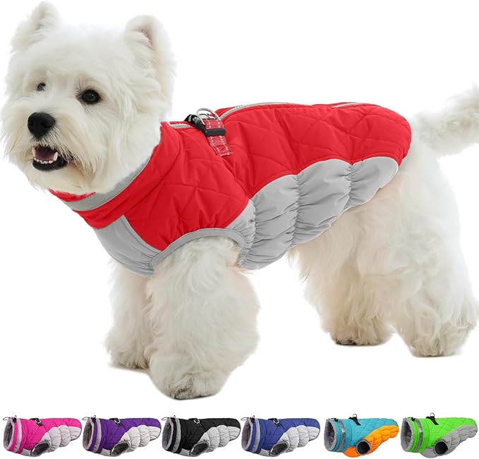 OUOBOB Small Dog Coat,Dog Jackets for Small Dogs,Warm Winter Jacket, Puppy Coat with Harness Built in,Waterproof Dogs Jacket,Puppy Cold Weather Coats,Pet Winter Clothes Snowsuit Shih Tzu Bichon,Red