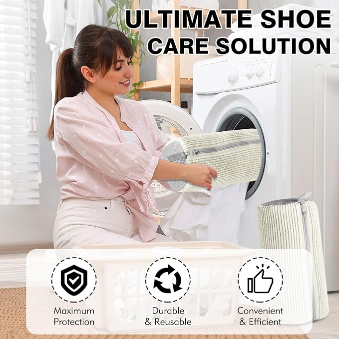 Shoe Washing Machine Bag 2PCS Shoe Laundry Bag for Washer and Dryer Deep Clean for Tennis Shoes, Sneakers and Slippers with Self-locking Zipper (Beige)